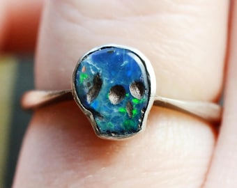 Edwardian Blue Opal Skull Sterling Silver Engagement Ring - Handmade Memento Mori Promise Ring After 1910s original