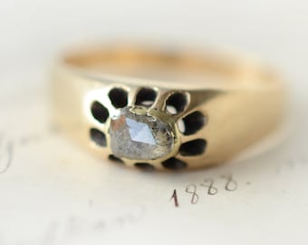 ANTIQUE Rose Cut 5 mm Diamond Ring 14k Gold, ornate buttercup setting gipsy engagement ring promise, Georgian Austro Hungarian 1800 European