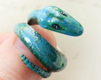 Enamel Snake Sterling Silver Ring, turquoise and green large Art Nouveau serpent ring collectible