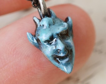 Enamel Blue Lucky Devil Sterling Silver Pendant after antique model. Good luck laughing devil head