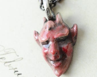 Enamel Lucky Devil Sterling Silver Pendant after antique model. Good luck laughing devil head