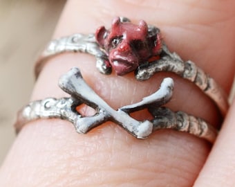 Enamel Cross Bones Sterling Silver Stacking Ring On Ornate Band - Handmade Memento Mori Ring