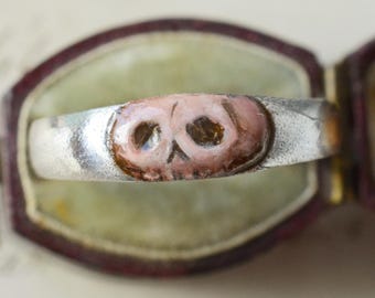 DIVORCE RING - Peachy Pink Enamel Skull Sterling Silver Band Ring - Handmade Memento Mori Stacking Ring