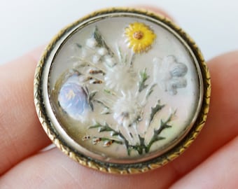 ANTIQUE Brass Victorian Reverse Carved, Reversed Painted Floral multi colour Brooch Pin, domed, pool of light, glass, language of flowers