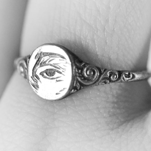 SALE! Sterling Silver Lover's Eye Ring, etched signet ring ornate band recycled Victorian design, love ring, promise ring, handmade, eye