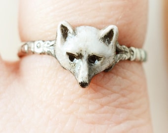Enamel White Bear Sterling Silver Ring, Ornate Band, unique albino animal fox or bear