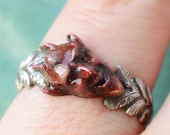Enamel Lucky Devil Sterling Silver Pinky Ring On Georgian Floral Band, unique laughing red devil promise ring idea