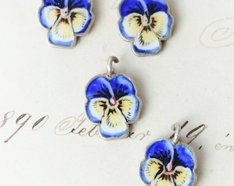 ANTIQUE Enamel Blue And Yellow Pansy Pendant. Pansé á moi - think of me love charm, 1800s