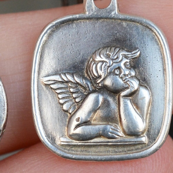 SALE! ANTIQUE Choose One! Guardian Angel Pendant Sterling silver 800, Good Luck, Art Deco, Raffaello, cherub, thinking angel, little putto