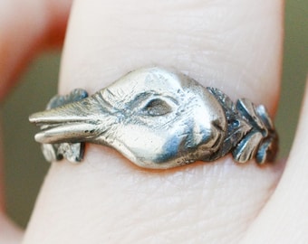DUCK - RABBIT Sterling Silver Handmade Ring with Georgian moulded and recast palm leaf ring band, after Wittgenstein's duck-rabbit illusion