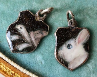 ANTIQUE Two Pendants With New Enamel Albino Tortoise And Hare, new hand painted enamel turtle and rabbit on the original old charm