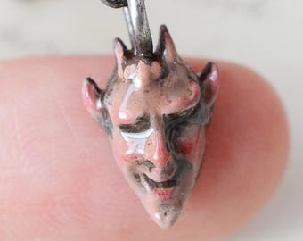 Enamel Pink Lucky Devil Sterling Silver Pendant after antique model. Good luck laughing devil head