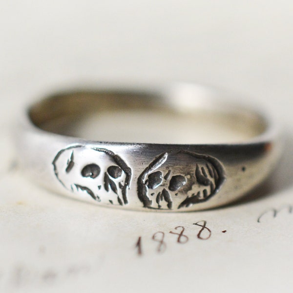 SALE! Memento Mori Lovers Sterling Silver Ring, wedding band, promise ring, till death do us part, oxidised skull skeleton ancient STYLE