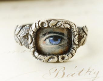 Enamel Blue Lover's Eye Sterling Silver Ring, Georgian original moulded and recast, promise ring with hand painted enamel