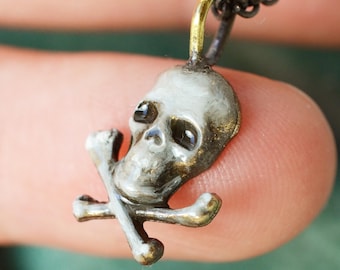 Enamel Memento Mori Skull and Cross Bones Bronze Pendant. Unique handmade vanitas Charm!