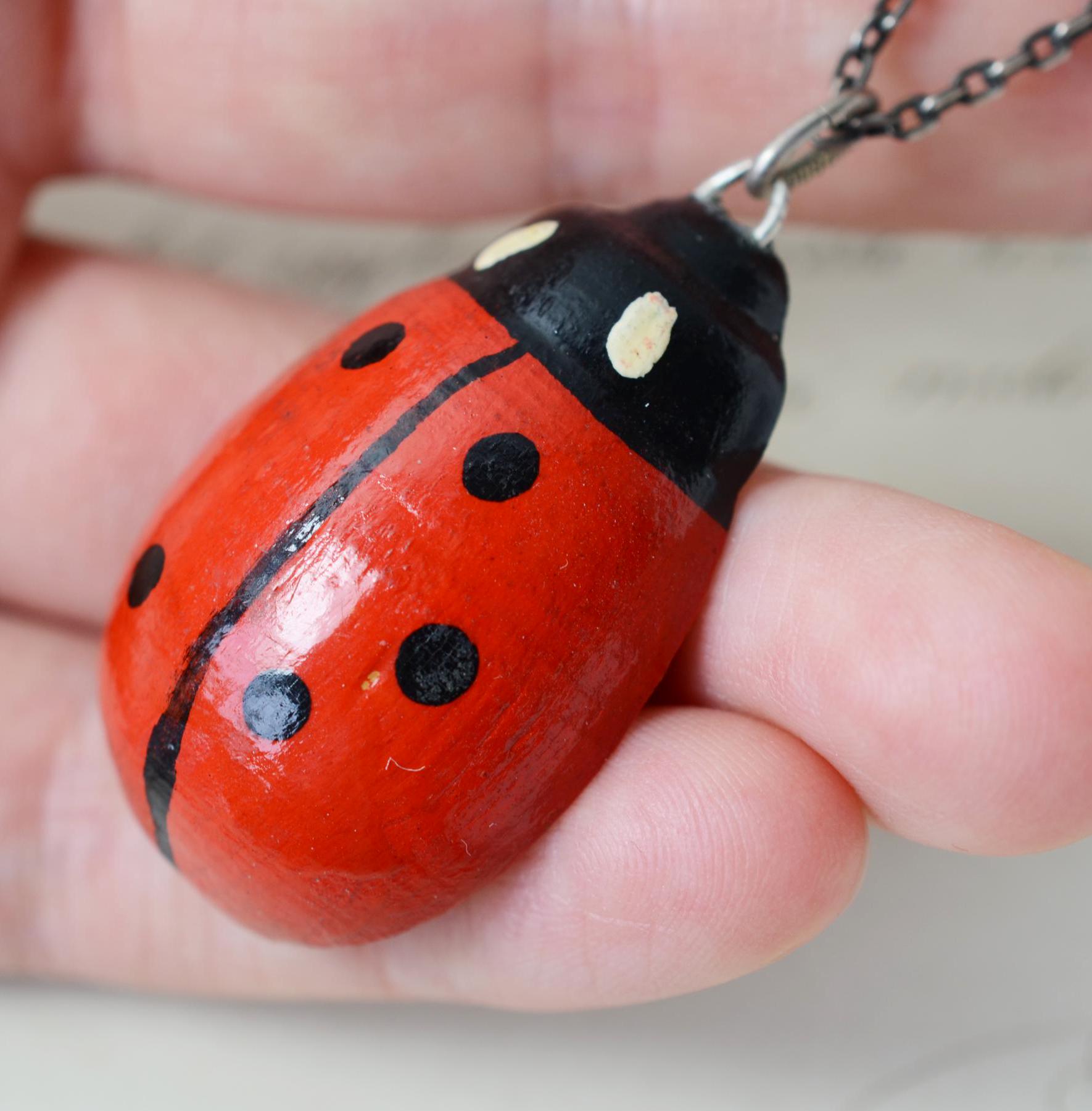VINTAGE Ladybug 800 Sterling Silver HUGE Painted Wood Good Luck Charm, unusual pendant, animal, fun, ladybird, lucky, red, black, big