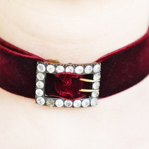 ANTIQUE Georgian Velvet Buckle Paste Choker Necklace, burghundy red velvet ribbon, rococo style choker, romantic, unusual, rare, bohemian