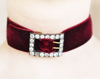 ANTIQUE Georgian Velvet Buckle Paste Choker Necklace, burghundy red velvet ribbon, rococo style choker, romantic, unusual, rare, bohemian