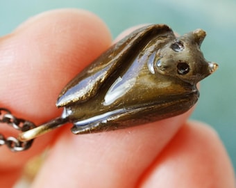 Enamel Baby Bat Bronze Pendant. Unique handmade cute animal jewelry!
