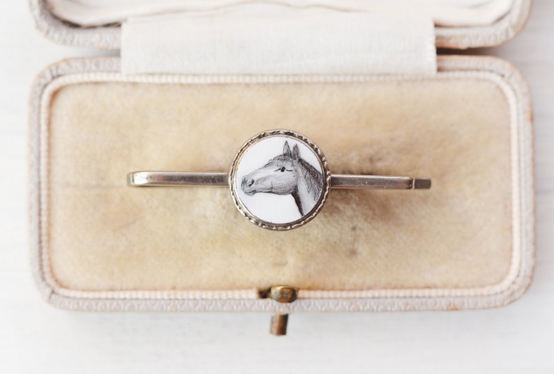 scarf ornament or for conversion VINTAGE Enamel Horse Pin black and white money clip coat pin Tie pin rare boho