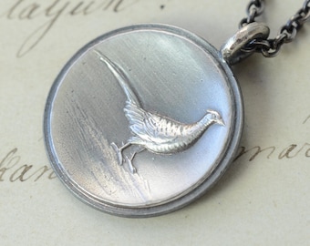 ANTIQUE Round Pheasant Bird Sweet Sterling Silver 900 Pendant, button conversion to charm!