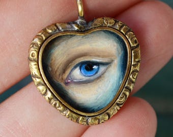ANTIQUE Georgian Pinchbeck Floral Heart Charm with new hand painted Blue Lover's Eye oil on canvas miniature painting gilded back, love gift