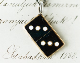 VINTAGE Domino Black Enamel Pendant, cufflink conversion, 3 lucky number, brass, new bale, black and white, boho, good luck charm Art Deco