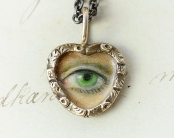 Enamel Green Lover's Eye Bronze Heart Pendant after antique Georgian model. Evil eye or lover's eye!