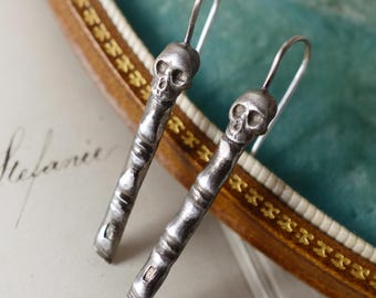 Antike Österreich ungarischen Bambus Schädel Sterling Silber Ohrringe (Bambus-Komponenten von 1800er Jahre Manschettenknöpfe recycelt) neuen Memento Mori Vanitas Schädel