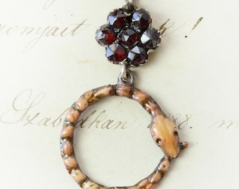 ANTIQUE Rose Cut Garnet Enamel Ouroboros, snake good luck charm Georgian fruits and flowers of bounty model moulded and recast