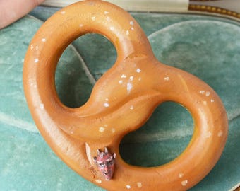 VINTAGE Enamel Lucky Devil Bronze on top of a Theatre Production Prop Wooden Painted Pretzel! Super size statement OOAK pendant