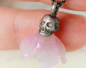 ANTIQUE Memento Mori Pink Glass Flower and Skull Handmade Pendant, old flower, new skull