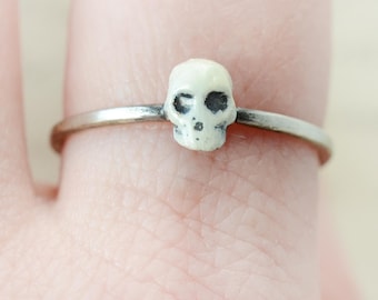 Enamel Skull Sterling Silver Engagement Ring - Handmade Memento Mori Promise Ring