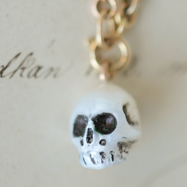 Carved Skull Memento Mori Vanitas White Pearl Pendant, good luck charm, antique component bale, new white pearl sculpture handmade