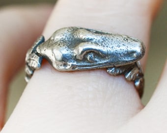 Smiling Ouroboros Sterling Silver Handmade Ring with Georgian moulded and recast palm leaf ring band and Art Nouveau snake head