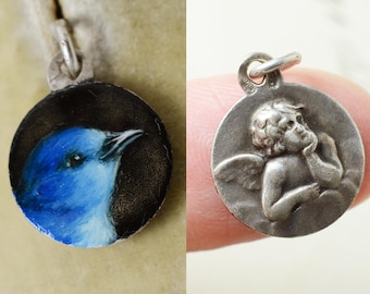 VINTAGE Schutzengel Anhänger mit 800 Sterling Silber, neues handgemaltes Emaille auf dem Engel-Anhänger