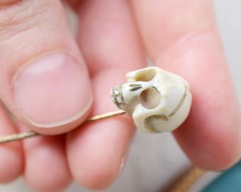 ANTIQUE Carved Cow Bone Skull Stick Pin, gilded pin with off white memento mori handmade bone