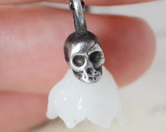 ANTIQUE Memento Mori White Glass Flower and Skull Handmade Pendant, old flower, new skull