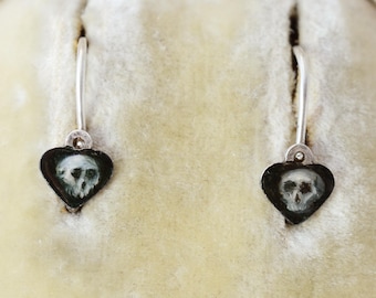 ANTIQUE Sleeper Heart shape Earrings with New Memento Mori Skull Enamel, Classic cute small size vanitas earrings