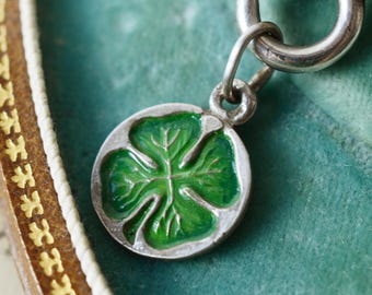 ANTIQUE Lucky Clover Green Cold Painted &#39;Enamel&#39; 800 Sterling Silver Pendant, 1800s Austro-Hungarian good luck four leaf clover boho Charm