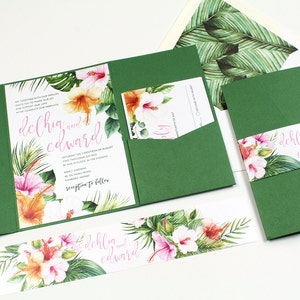 Hibiscus Wedding Invitation, Tropical Invitation, Destination Wedding Invitation, Palm leaves, watercolor, Hawaii Wedding DEPOSIT image 1