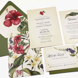 Tropische Hochzeitseinladung, Hochzeitseinladung Ziel, Blumeneinladung, Vintage Tropisch, Hawaii-Einladung, exotische Blumen - SAMPLE