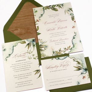 Woodland Wedding Invitation, Forest Wedding, Green Leaves, Outdoor Wedding, Watercolor, Wood - DEPOSIT