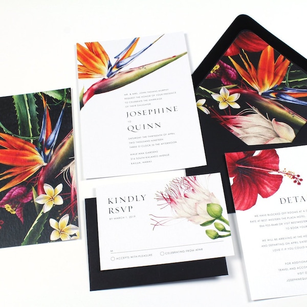 Tropical Wedding Invitation, Destination Wedding Invitation, Birds of Paradise, Hibiscus, Hawaii Invitation, Exotic Flowers- SAMPLE