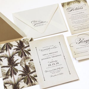 Invitación de boda tropical, invitación de boda de destino, invitación de palmera, tropical vintage, invitación de playa, hojas de palma - DEPÓSITO
