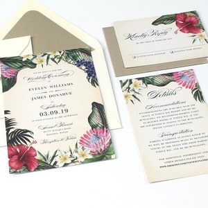 Tropical Wedding Invitation, Destination Wedding Invitation, Floral Invitation, Vintage Tropical, Hawaii Invitation, Beach, Exotic- SAMPLE