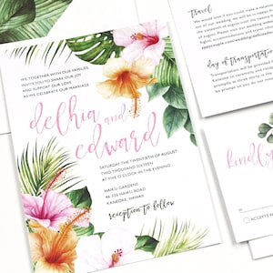 Hibiscus Wedding Invitation, Tropical Invitation, Destination Wedding Invitation, Palm leaves, watercolor, Hawaii Wedding DEPOSIT image 2