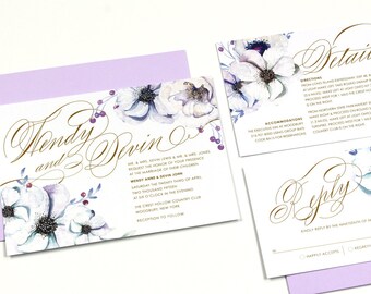 Floral Watercolor Script Wedding Invitation, Anemones Invitation, lavender, purple, Spring Wedding Invitation, Summer Invitation DEPOSIT