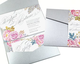 Watercolor Floral Script Wedding Invitation, Rose Wedding Invitation, Peony Invitation, Pink & Gray/Silver, Pocketfold- DEPOSIT