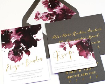 Vineyard Wedding Invitation, Burgundy Wedding Invitation, Watercolor, Floral Watercolors, Winery, Gold, Burgundy, Eggplant -DEPOSIT